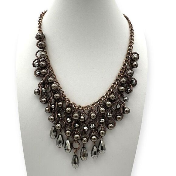 Statement necklace silver toned with balls and circles heavy 20 inches matinee - Picture 1 of 5